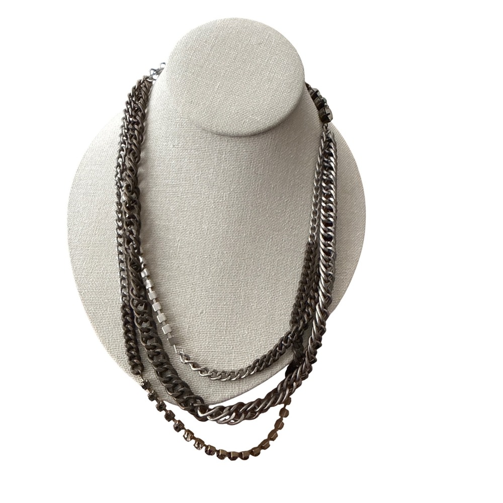 Gina Collection Multi-Strand Layered Necklace Gunmetal Silver Crystal Mint Green